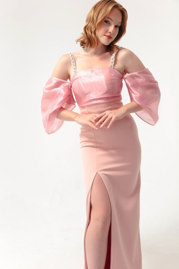 Lafaba Lafaba Women's Powder Princess Sleeve Beaded Strap Organza Long Evening Dress