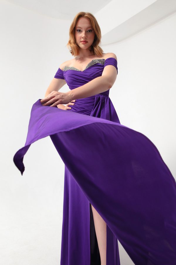 Lafaba Lafaba Women's Purple Collar Stoned Tail Long Evening Dress