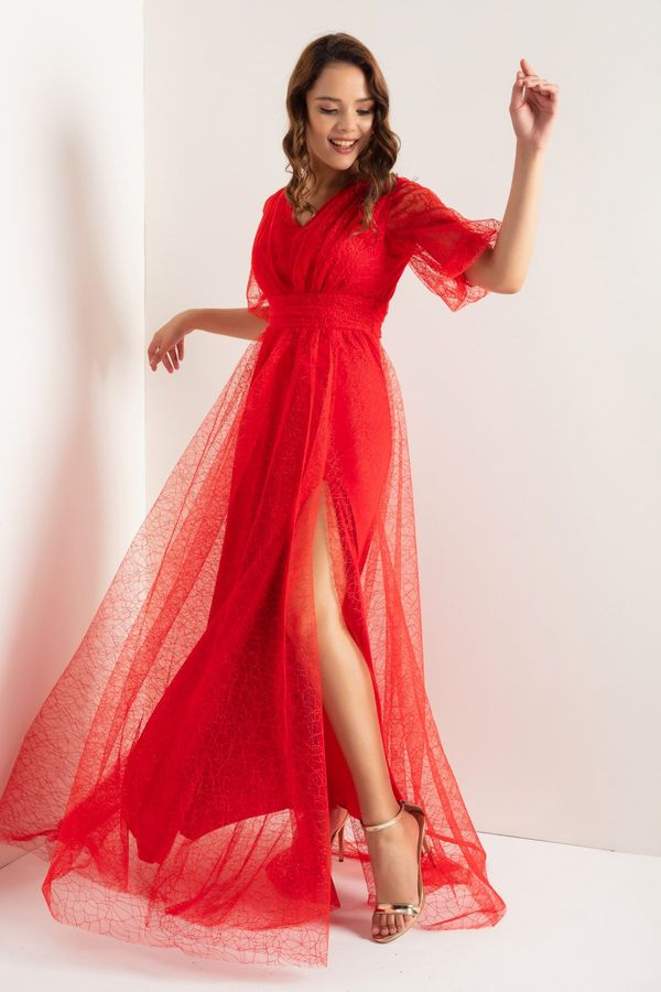 Lafaba Lafaba Women's Red Balloon Sleeve Silvery Long Evening Dress