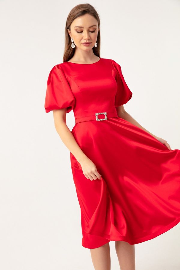 Lafaba Lafaba Women's Red Balloon Sleeve Stony Belted Mini Satin Evening Dress