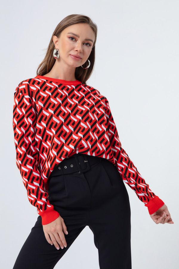 Lafaba Lafaba Women's Red Crewneck Patterned Knitwear Sweater