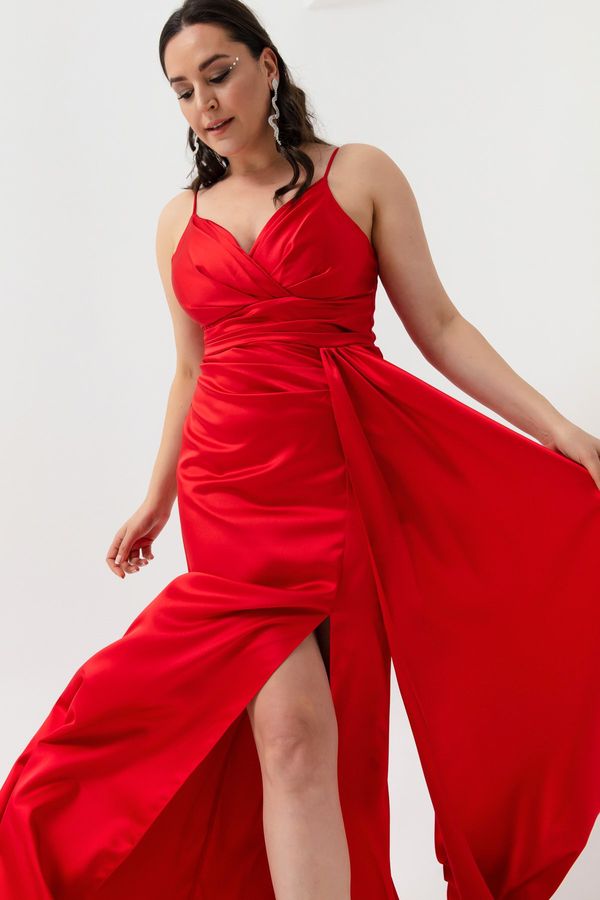 Lafaba Lafaba Women's Red Plus Size Long Satin Evening Dress & Graduation Dress