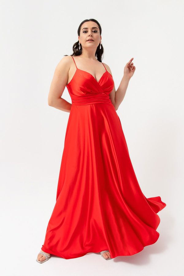 Lafaba Lafaba Women's Red Rope Strap Plus Size Satin Long Evening Dress & Graduation Dress