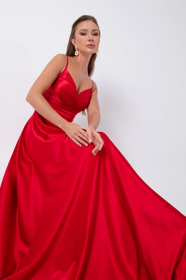 Lafaba Lafaba Women's Red Rope Strap Satin Long Evening Dress with Waist Belt & Graduation Dress