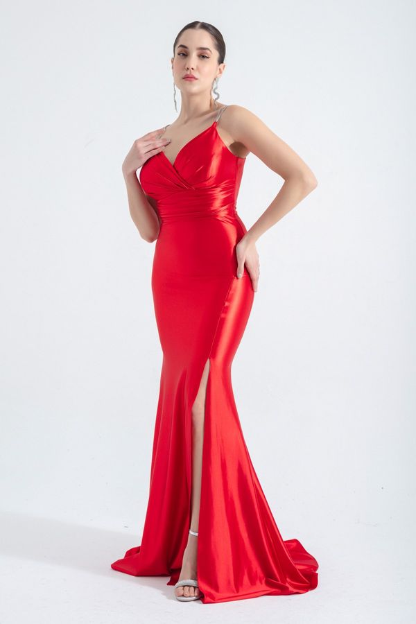 Lafaba Lafaba Women's Red Stone Strap Long Evening Dress