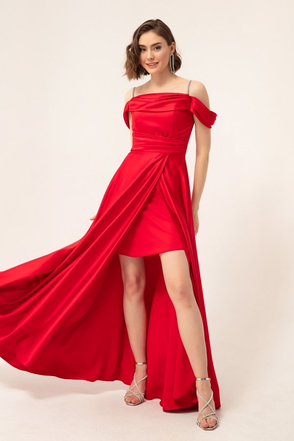 Lafaba Lafaba Women's Red Stone Strap Long Satin Evening Dress