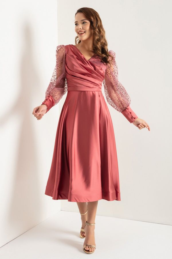 Lafaba Lafaba Women's Salmon Double Breasted Collar Glitter Midi Satin Evening Dress