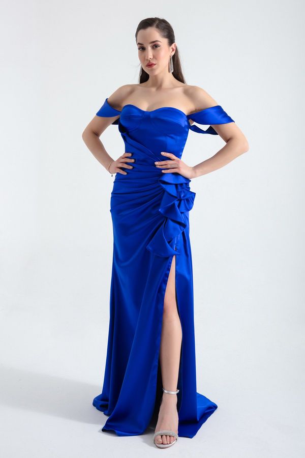 Lafaba Lafaba Women's Saxe Blue Heart Collar Frilly Long Satin Evening Dress