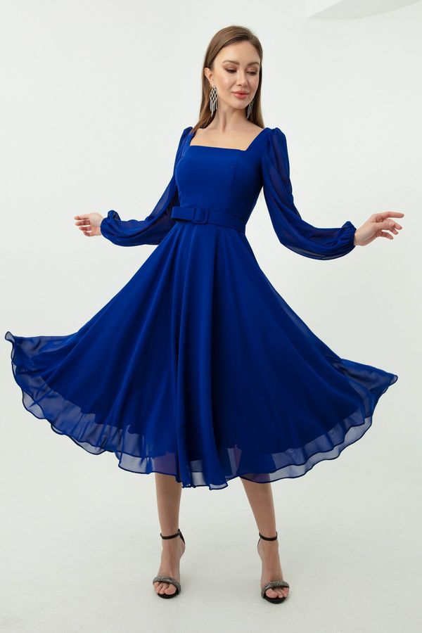 Lafaba Lafaba Women's Saxe Blue Square Neck Belted Midi Chiffon Evening Dress