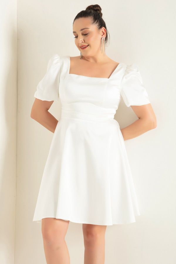Lafaba Lafaba Women's White Balloon Sleeve Flared Cut Mini Plus Size Satin Evening Dress