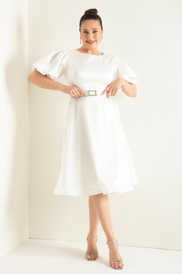 Lafaba Lafaba Women's White Balloon Sleeve Stone Belted Plus Size Satin Evening Dress
