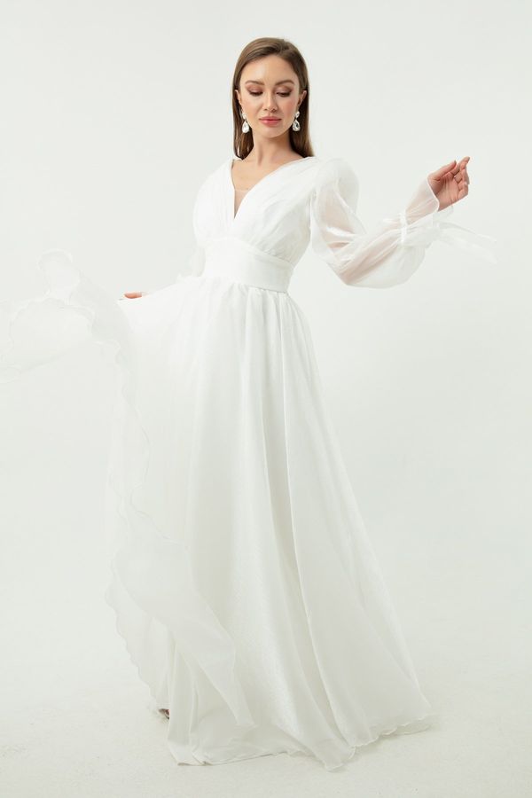 Lafaba Lafaba Women's White Balloon Sleeve V-neck Long Evening Dress.