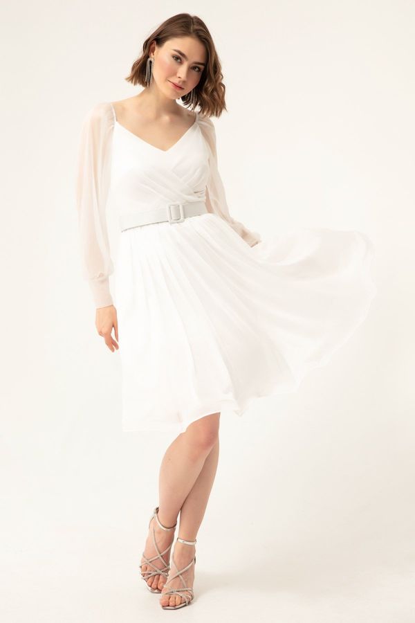 Lafaba Lafaba Women's White Belted Midi Evening Dress with Glitter.