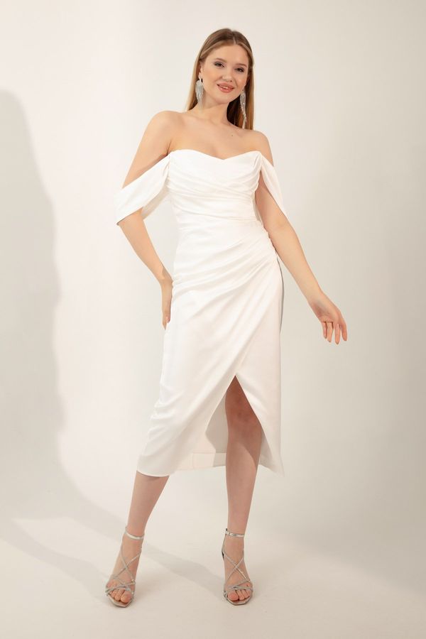 Lafaba Lafaba Women's White Boat Neck Draped Midi Evening Dress