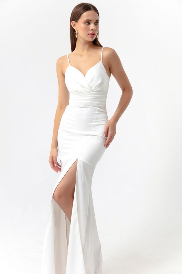Lafaba Lafaba Women's White Evening Dress with Straps and a Slit in Long Satin Prom.