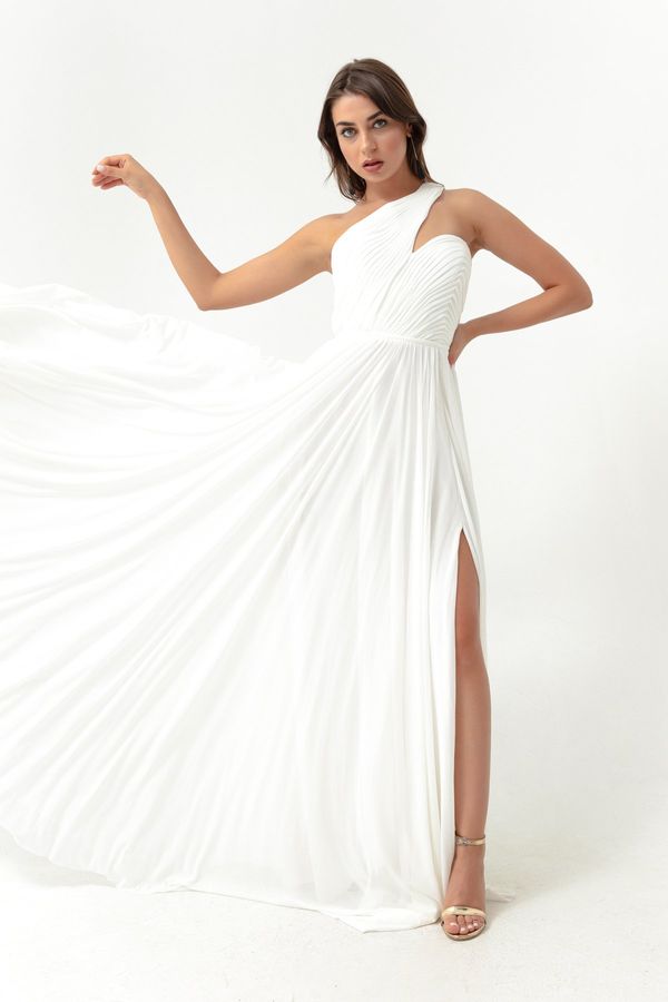 Lafaba Lafaba Women's White One-Shoulder Slit Long Evening Dress