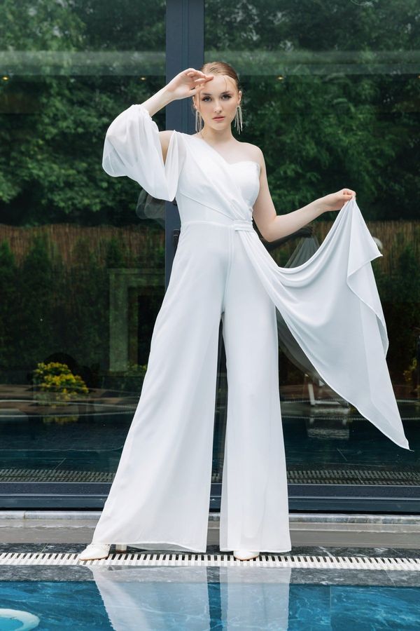 Lafaba Lafaba Women's White Single Sleeve Belted Evening Dress Jumpsuit