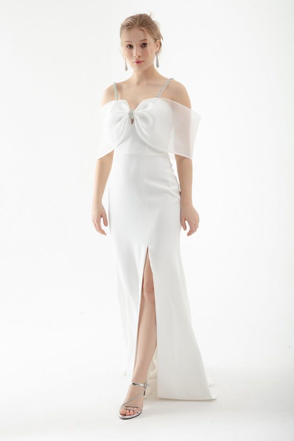 Lafaba Lafaba Women's White Stone Strap Long Fishtail Evening Dress
