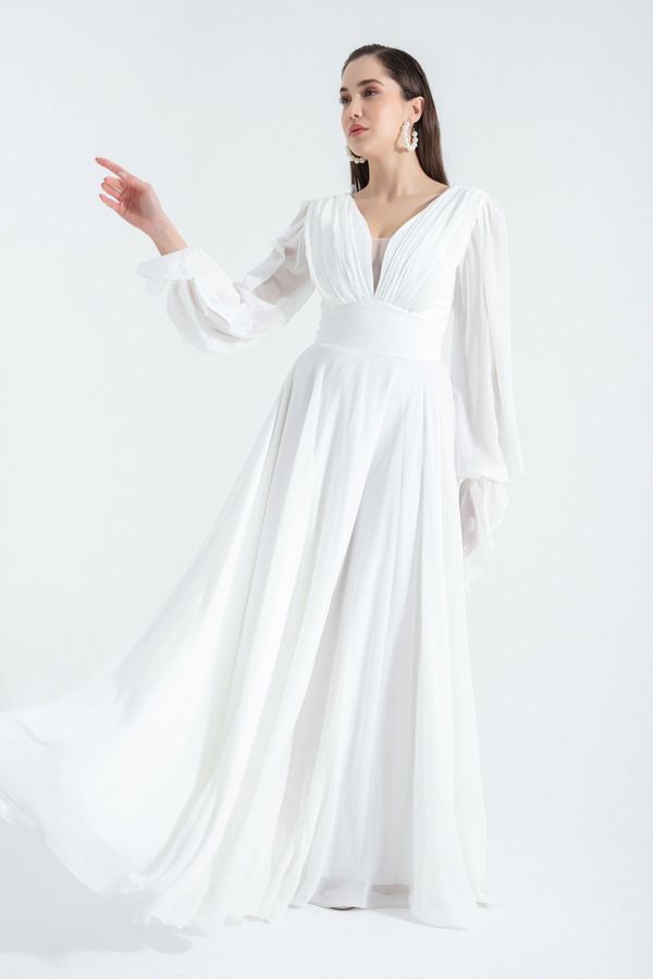 Lafaba Lafaba Women's White V-Neck Long Chiffon Evening Dress