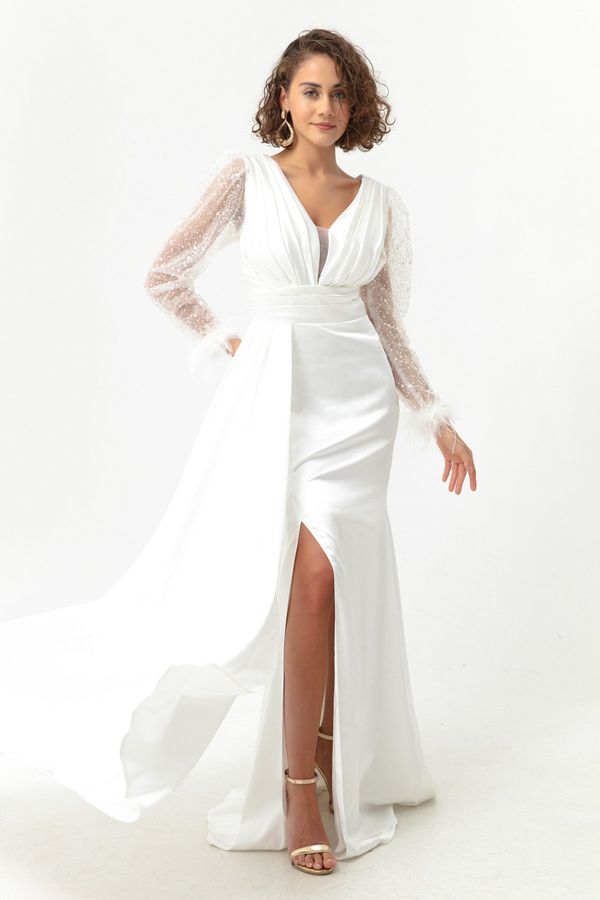 Lafaba Lafaba Women's White V-Neck Sleeves Stoned Slit Long Evening Dress