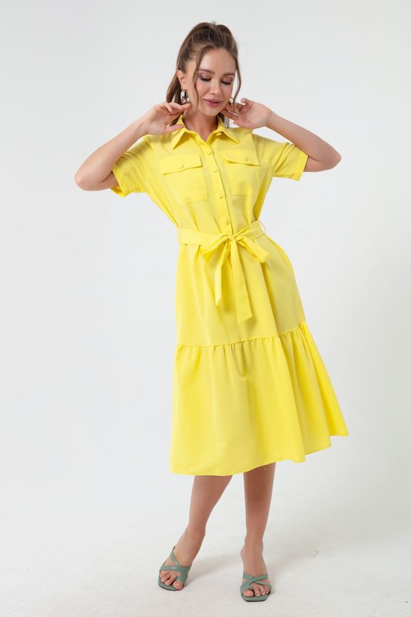 Lafaba Lafaba Women's Yellow Coated Buttoned Belted Dress Wide Size Range