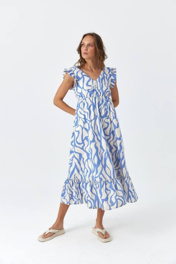 Laluvia Laluvia Blue Patterned V-Neck Linen Dress with Shoulder Detail