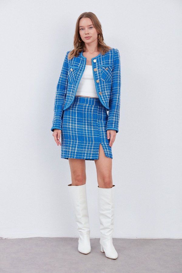 Laluvia Laluvia Blue Striped Skirt Jacket Tuvid Suit