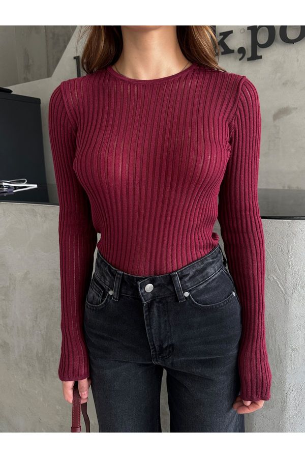 Laluvia Laluvia Burgundy Crew Neck Sheer Tulle Knitted Blouse