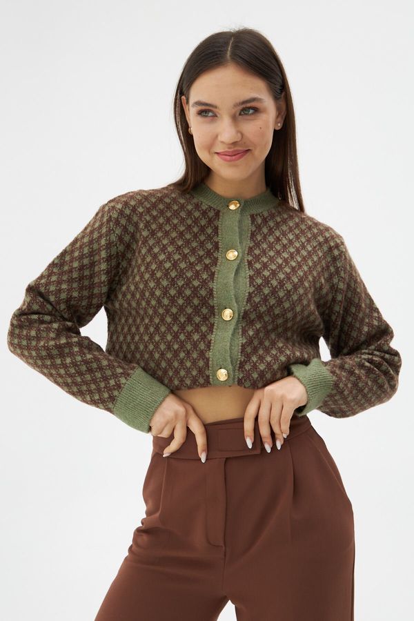 Laluvia Laluvia Green Crew Neck Gold Buttoned Patterned Cardigan