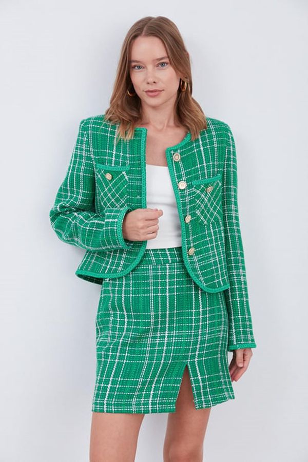 Laluvia Laluvia Green Striped Skirt Jacket Tuvid Suit