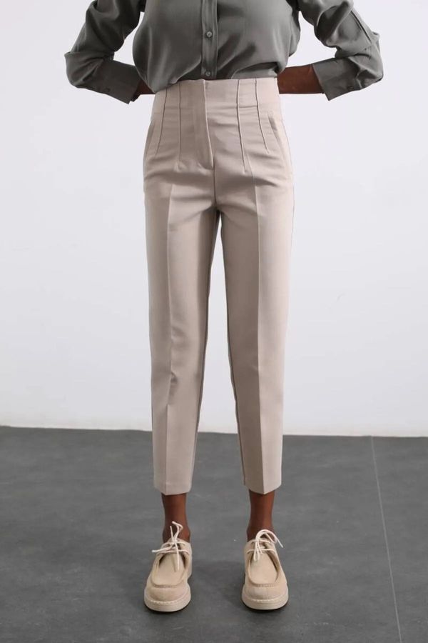 Laluvia Laluvia High Waist Fabric Trousers with Flato Stone Front