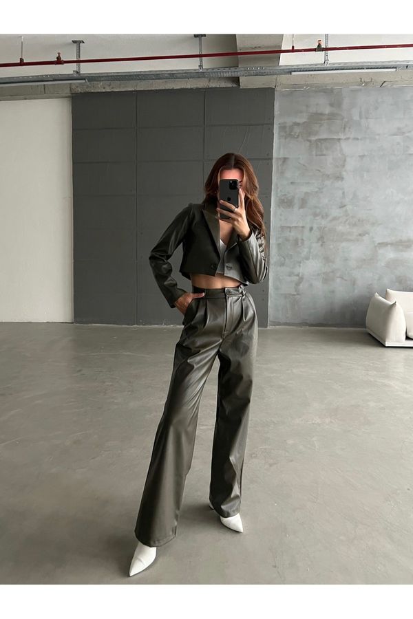 Laluvia Laluvia Khaki Leather Crop Single Button Blazer Jacket Pants Suit