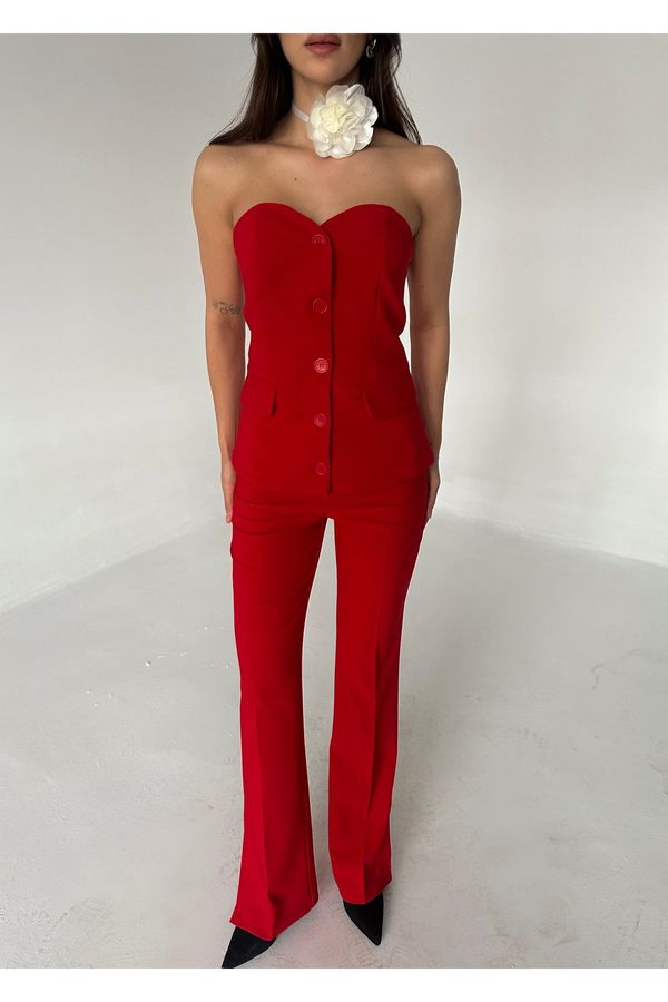 Laluvia Laluvia Red Strapless Blouse Cuff Detailed Trousers Set