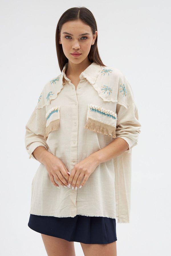 Laluvia Laluvia Stone Bead Embroidered Tasseled Linen Shirt