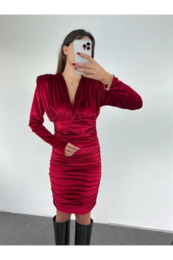 Laluvia Laluvia Wine Red Elegant Velvet Dress with Padded Shoulders, V-Neck, Gathered Sides and Adjustable Length