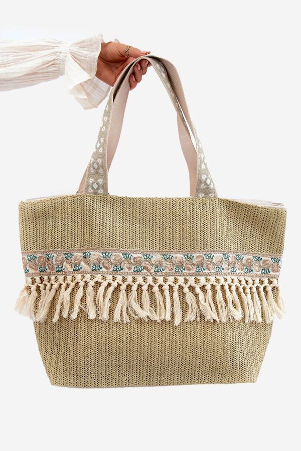 Kesi Large woven beach bag with fringe, green Missalori