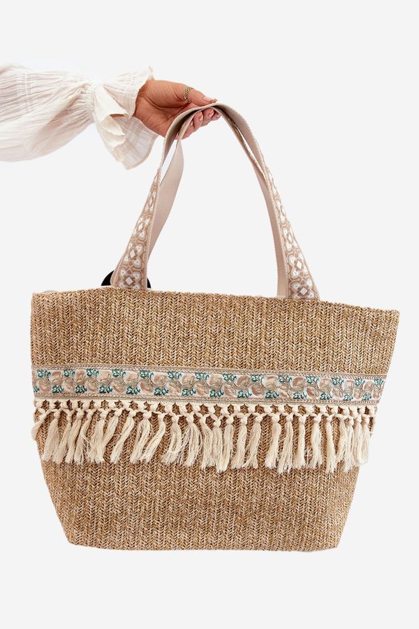 Kesi Large woven beach bag with fringe, light brown Missalori