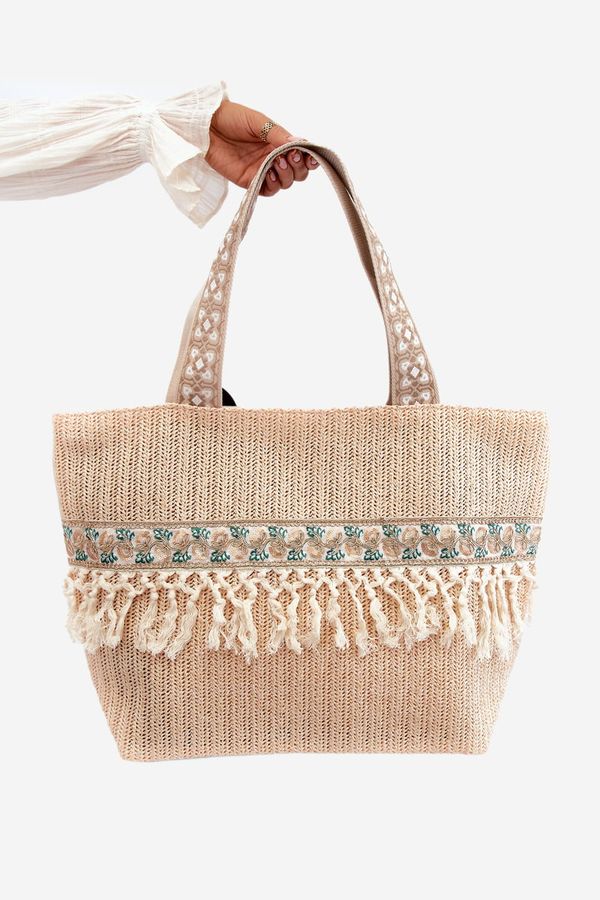 Kesi Large woven beach bag with fringes, beige Missalori