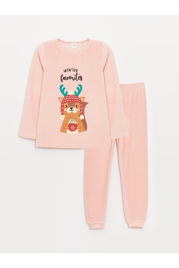 LC Waikiki LC Waikiki Crew Neck Christmas Themed Long Sleeve Velvet Girls Kids Pajamas Set