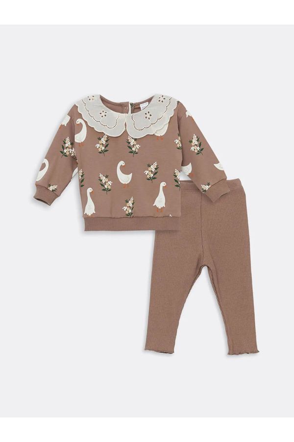 LC Waikiki LC Waikiki LCW Baby Baby Girl Collar Long Sleeve Printed Sweatshirt and Leggings 2-Set