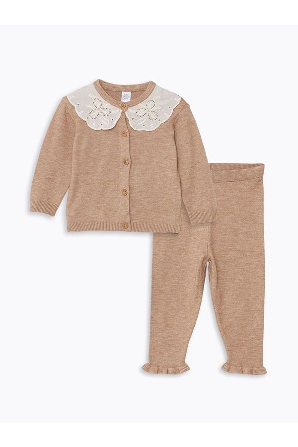 LC Waikiki LC Waikiki Lcw Baby Collar Long Sleeve Embroidered Baby Girl Cardigan and Leggings Set of 2