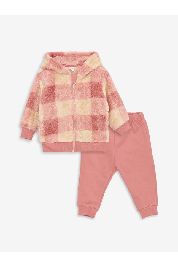 LC Waikiki LC Waikiki LCW Baby Hooded Plush Long Sleeved Baby Girl Cardigan and Leggings 2-Pair Set