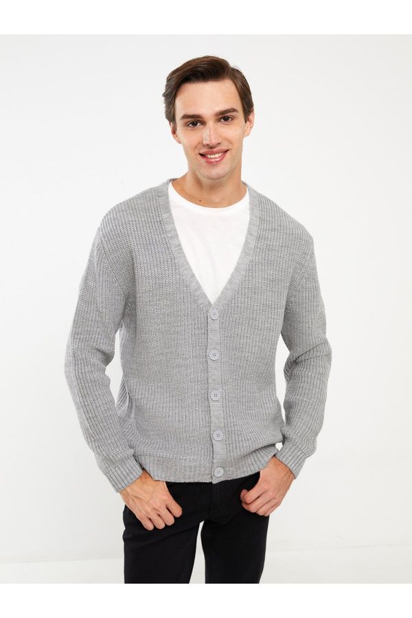 LC Waikiki LC Waikiki LCW Casual Grey Mel - Navy Blue Standard Pattern V Neck Men's Knitwear Cardigan