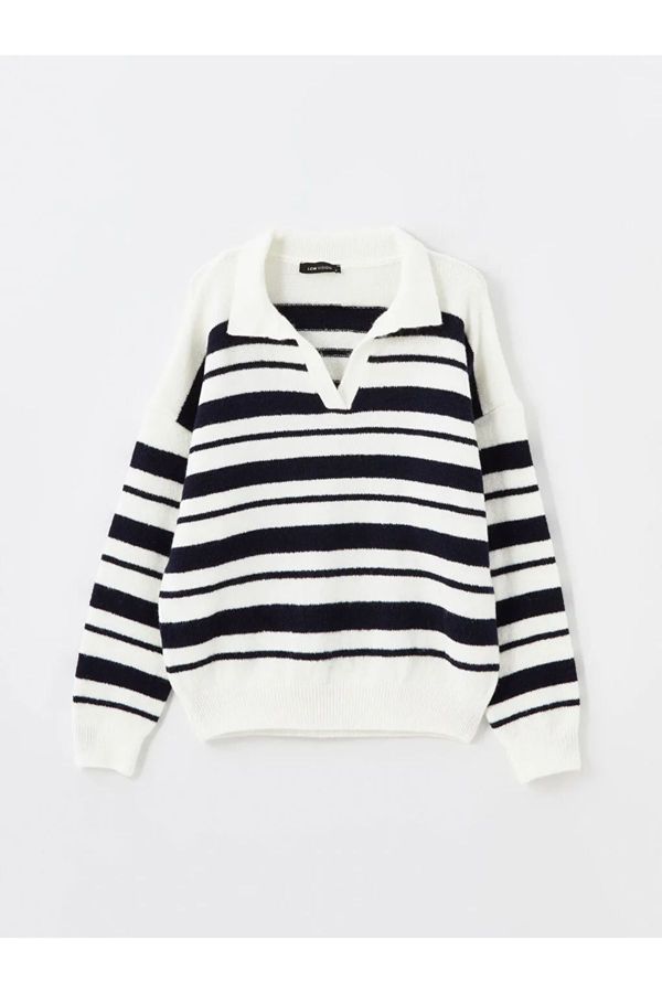 LC Waikiki LC Waikiki LCW Vision Navy Blue Striped Polo Collar Striped Oversize Women's Knitwear Sweater