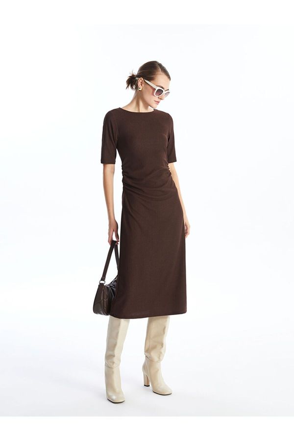 LC Waikiki LC Waikiki LCWAIKIKI Classic Chocolate Brown Crew Neck Textured Women's Dress