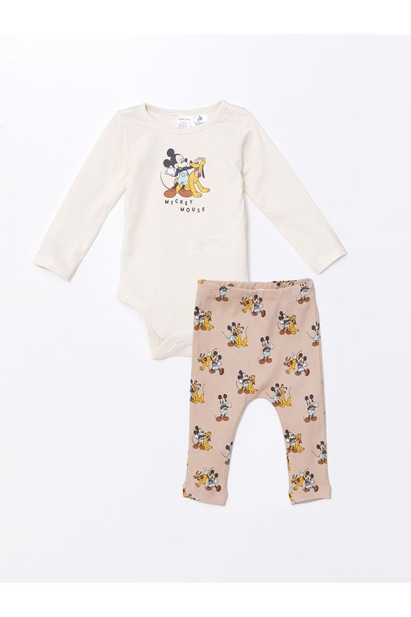 LC Waikiki LC Waikiki Lw - Crew Neck Long Sleeve Mickey Mouse Printed Baby Boy Snap Bodysuit and Tights 2-Piece Set