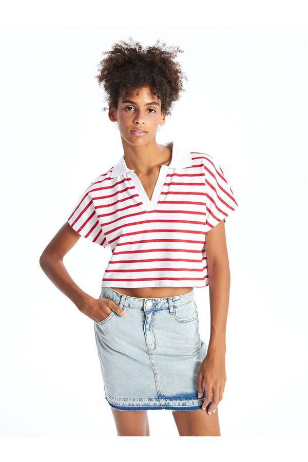 LC Waikiki LC Waikiki Lw - Polo Collar Striped Short Sleeve Oversize Women's Crop