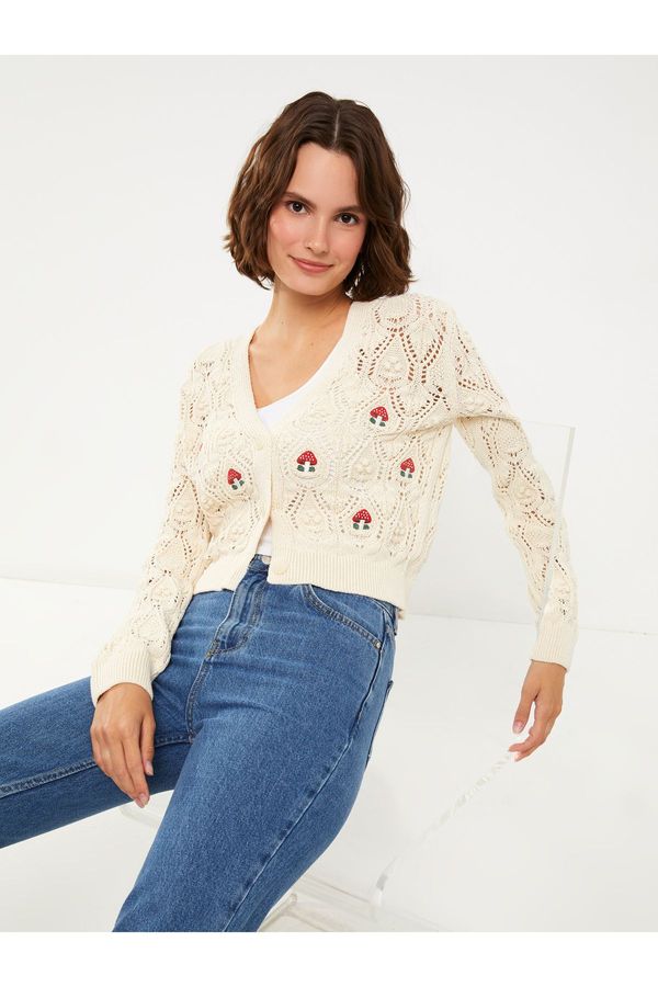 LC Waikiki LC Waikiki V-Neck Embroidered Long Sleeve Women's Knitwear Cardigan