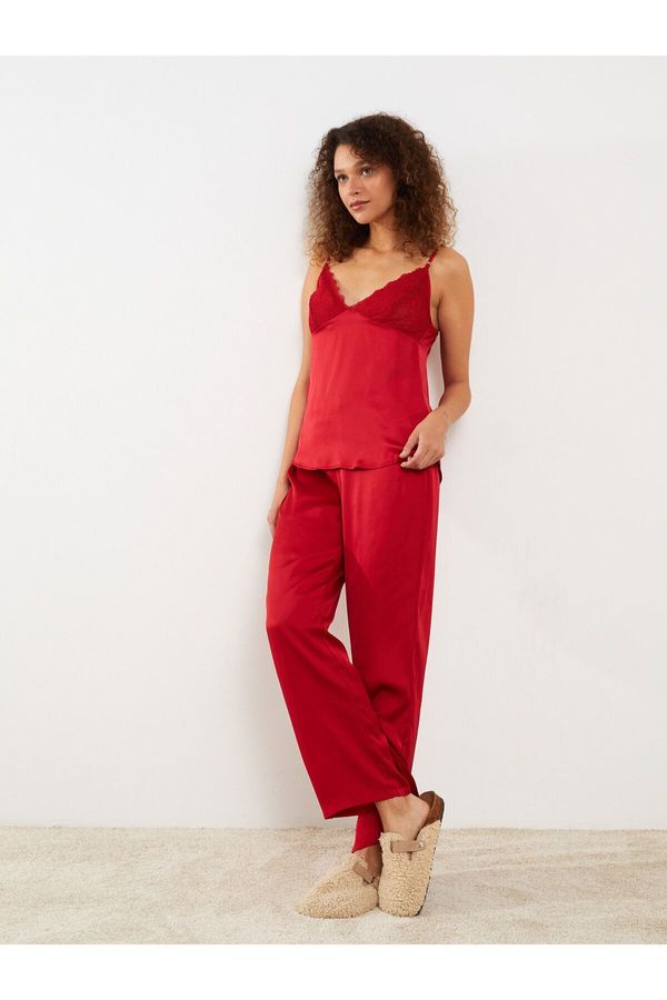 LC Waikiki LC Waikiki V-Neck Embroidered Straps Satin Women's Pajamas Set