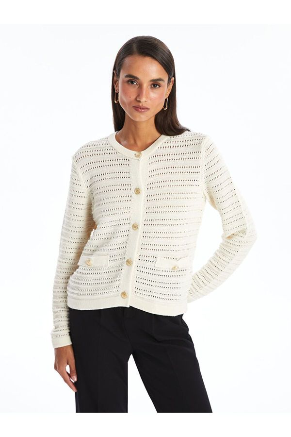 LC Waikiki LC Waikiki Women's Crew Neck Openwork Long Sleeve Knitwear Cardigan